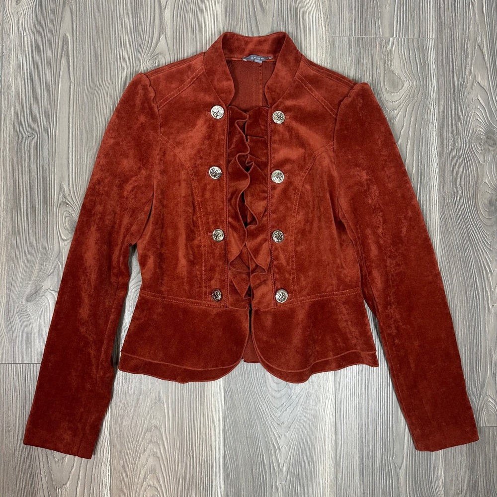 Cass Rust Military Style‎ Jacket - SIZE S Ruffle Velvet Gold Buttons Lightweight